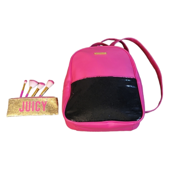 Juicy Couture Pink Blk Sequins Backpack, Gold Glitter Makeup Bag & Brushes - Picture 4 of 10